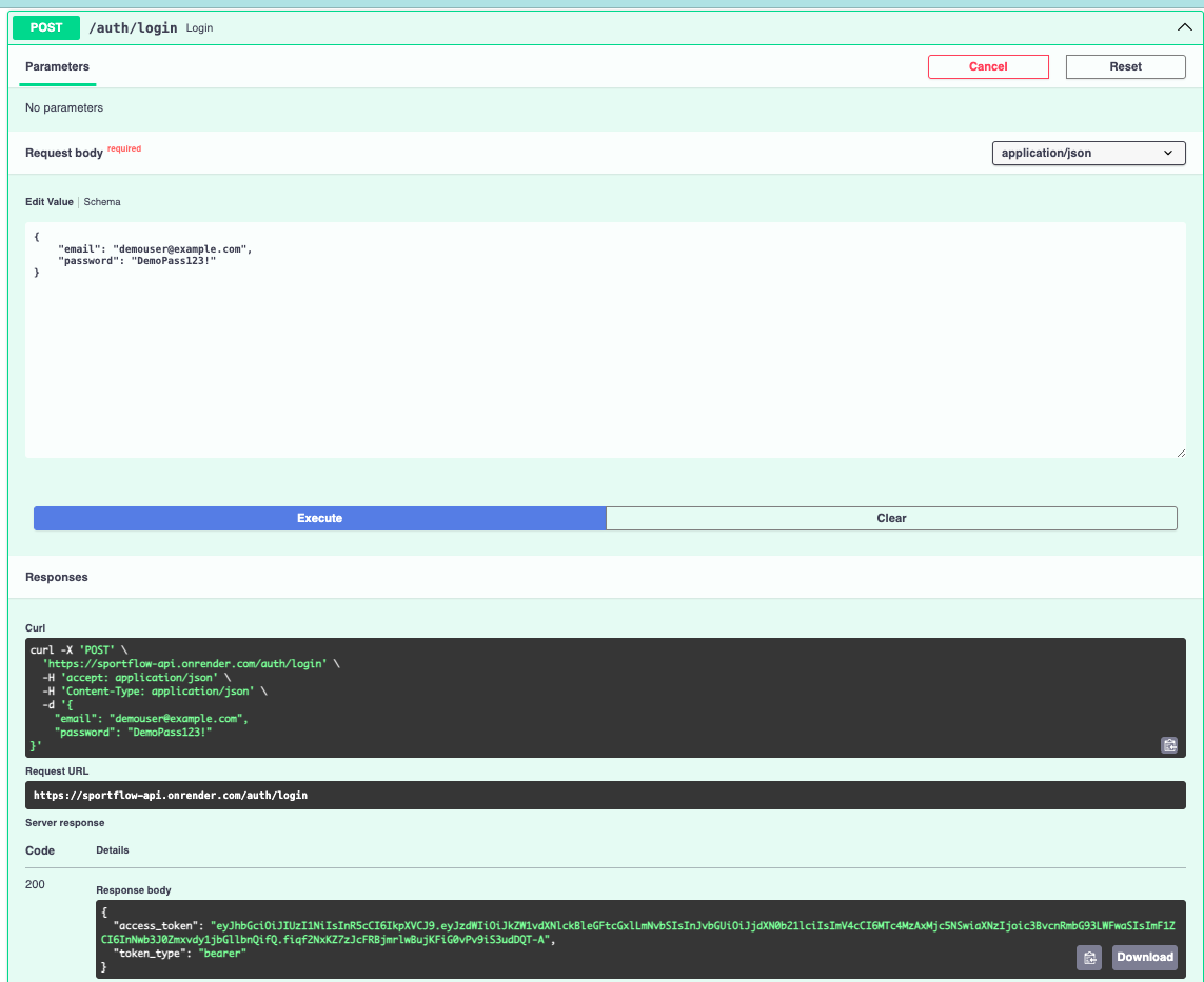 SportFlow API - JWT login